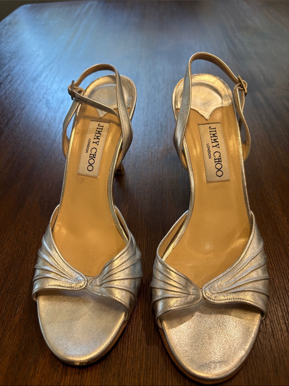 Jimmy Choo Metallic Silver Peep-Toe Slingback Heels